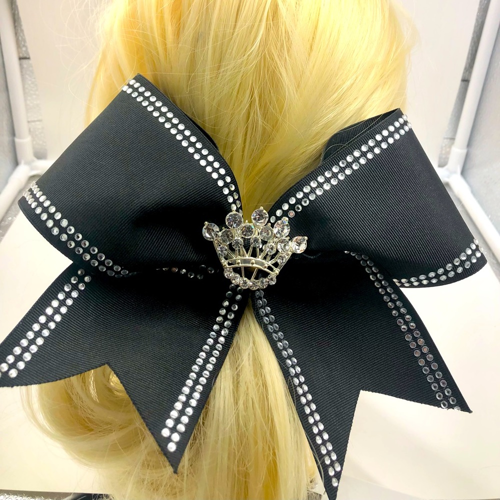 Black Ribbon Rhinestone Crystal 3" ribbon Cheerleading bow with Crown